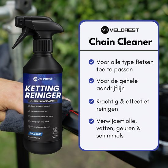 Zwarte spuitfles Velorest Ketting Reiniger, met Nederlandse tekst.