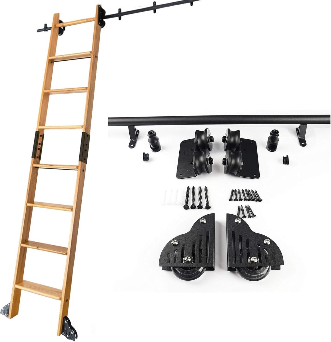 Ladder Rolrail Kit - Schuifrail Systeem - Boekenkast Bereiken - Zwarte Stalen Constructie - 1 Meter Rail - Zwart