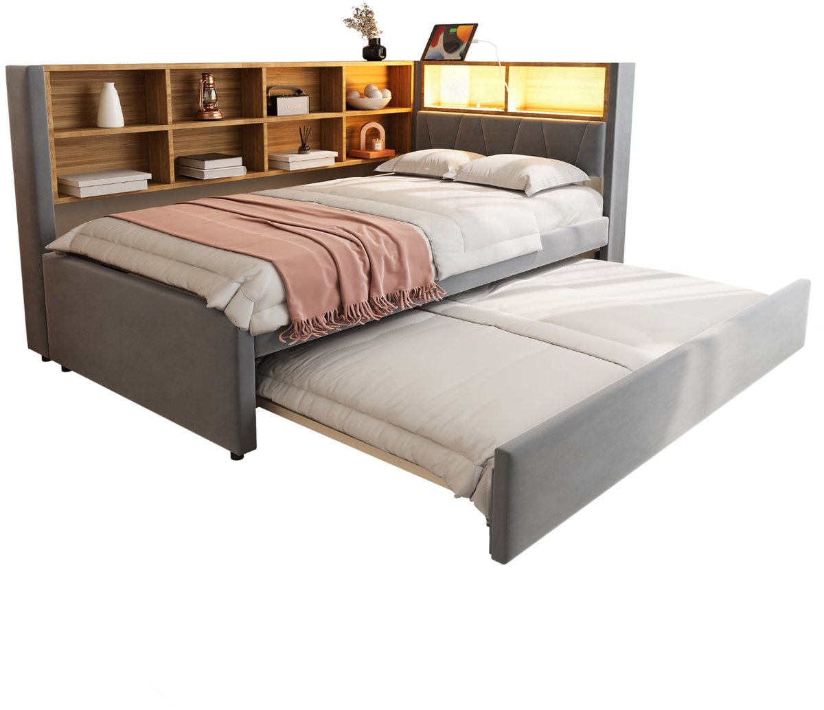 Merax Slaapbank 90x200 - Logeerbed met Uitschuifbed 90x190 - Gestoffeerd Bed met Opbergvakken - LED Verlichting met Afstandsbediening - USB en Stopcontact - Houten Lattenbodem - Donkergrijs