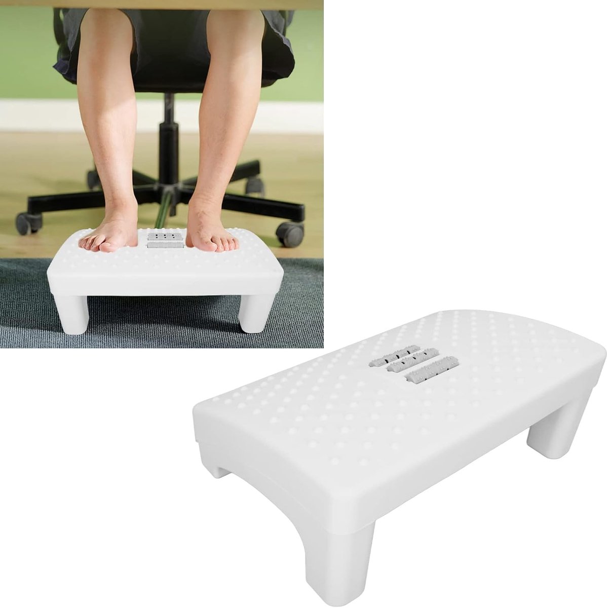 Ergonomische Voetsteun - Ondersteuning Bureau - Comfortabel Zitten - Met Massagerollen - 40 x 26.5 x 8 cm - Wit