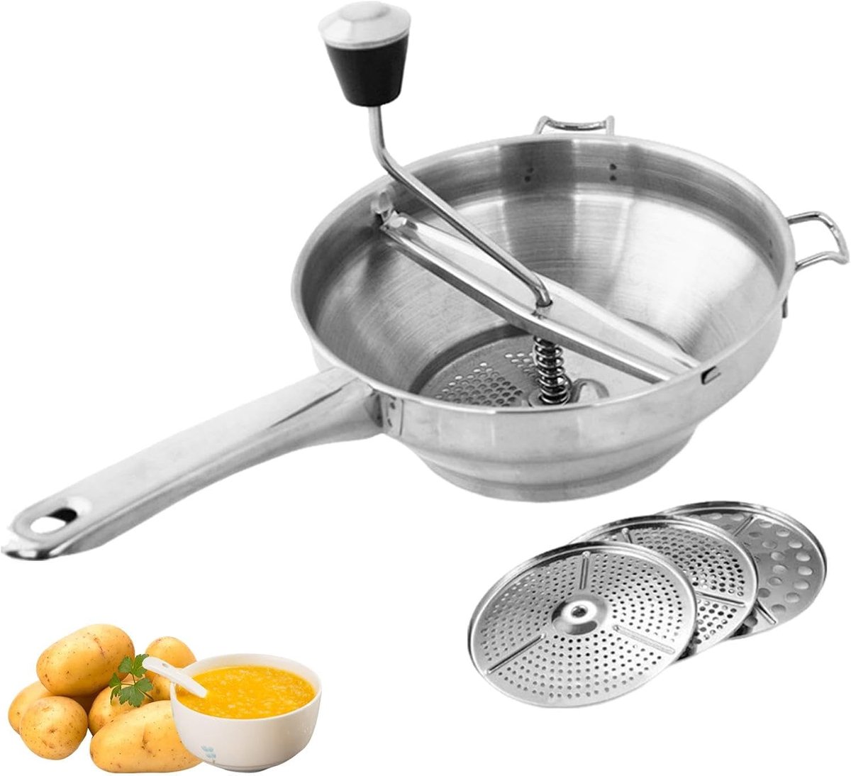 Voedselmolen - Tomatenpers Aardappelstamper - Sauzen en Puree - Roestvrijstaal Vaatwasserbestendig - 40x21 cm - Zilverkleurig