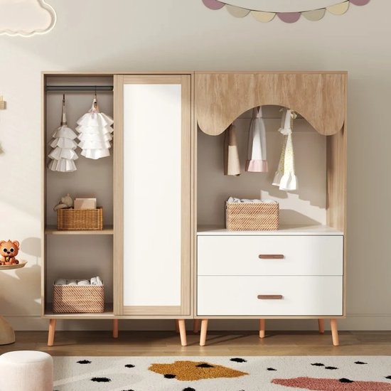 Combinatie kindercommode en kledingkast in hout en wit, met lader en open kast.