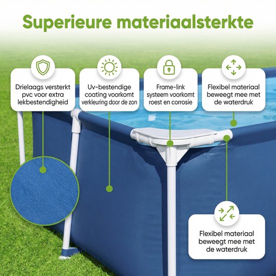 Detail van blauw rechthoekig Bestway Steel Pro zwembad met tekst over superieure materiaalkwaliteit.