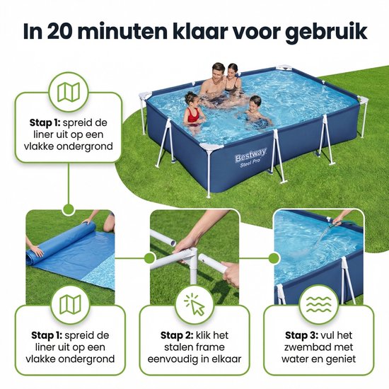 Stappen voor het opzetten van een blauw rechthoekig Bestway Steel Pro zwembad, met familie erin.