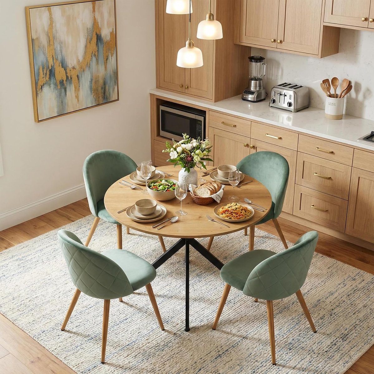 Eettafel met stoelen - Eetkamer set - Gezellig dineren - Fluwelen stoelen - 100 cm rond -