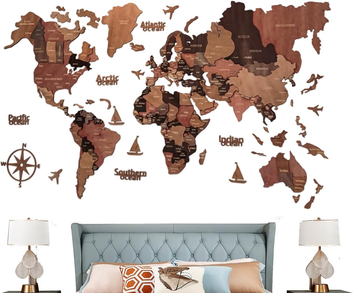 Houten Wereldkaart - Wanddecoratie Kaart - Woonkamer Decoratie - Met Staten Hoofdsteden - 100x60cm