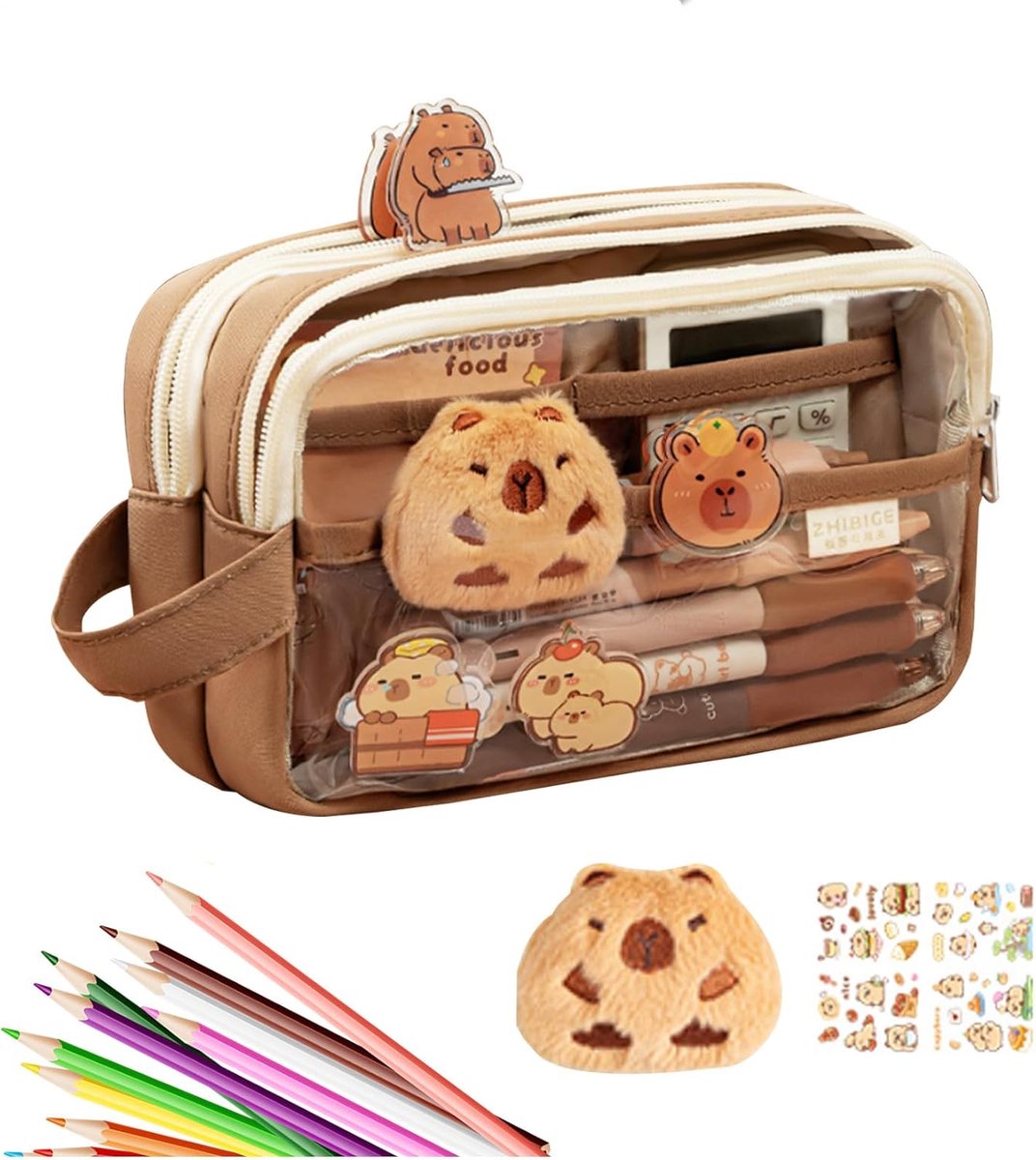 Doorzichtig Etui - Wijd Open Mondzakje - Bureau Organisatie - Flexibele Vakverdeling - 216 x 143 cm - Koffie