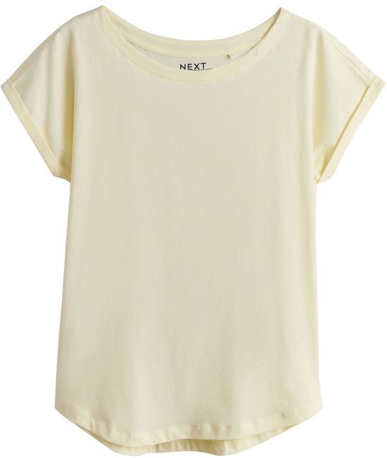 Een lichtgeel effen T-shirt met kapmouwtjes.