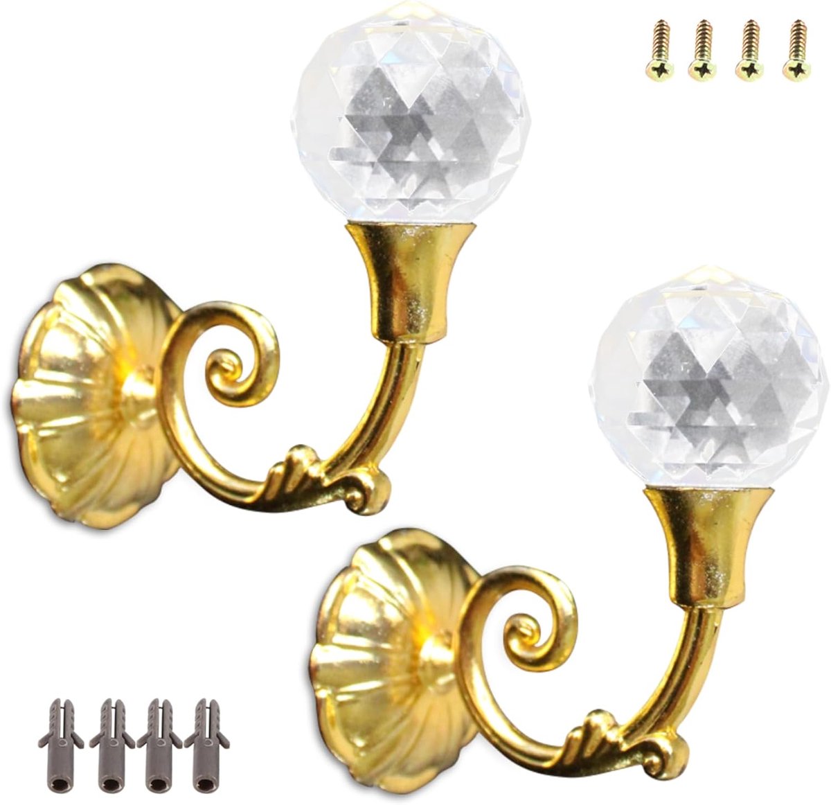 longziming -2 Stuks Decoratieve Gordijnembrasses met Kristallen Bol – Muurbevestigde Gordijnhaken – Transparante Kristal Embrasses – Elegante Gordijnclips voor Woonkamer & Slaapkamer