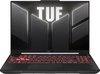 Zwarte ASUS TUF Gaming laptop met verlicht rood toetsenbord, 16 inch scherm en grafische elementen op de behuizing.