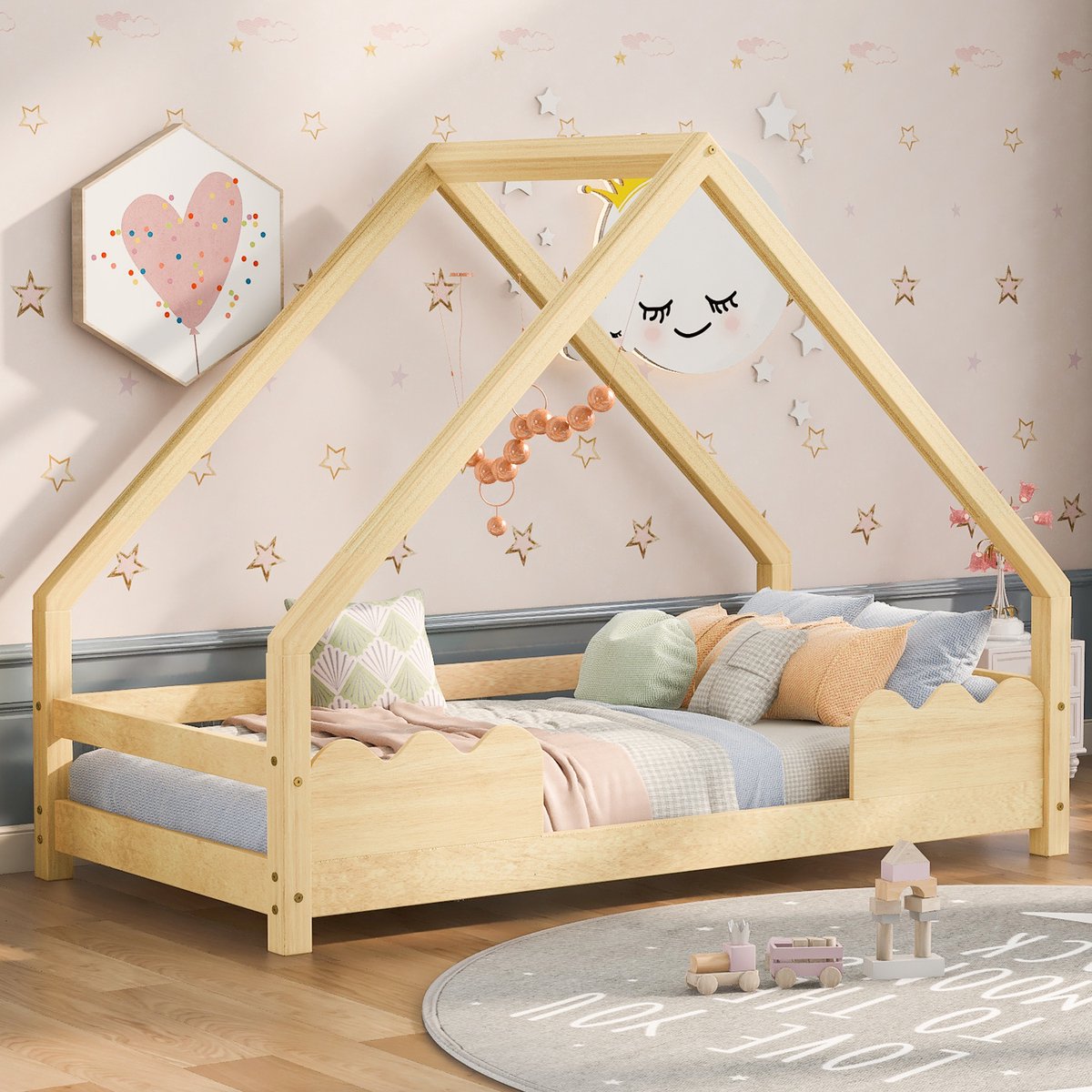 REDOM Kinderbed 90x200 cm van massief hout – Met veiligheidshek en uitschuifbaar logeerbed – Naturel