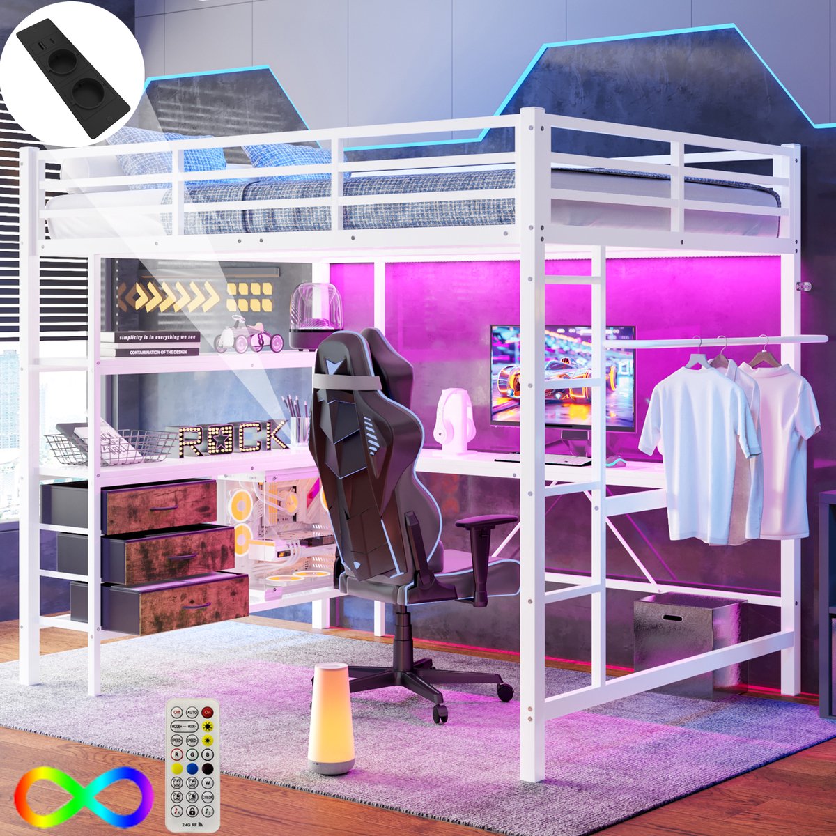 MIVRAY Hoogslaper 140x200cm - Met Led Verlichting En Bureau Met Stopcontact En Usb - Met Opbergladen - Metaal En Mdf - Wit - Zonder matras