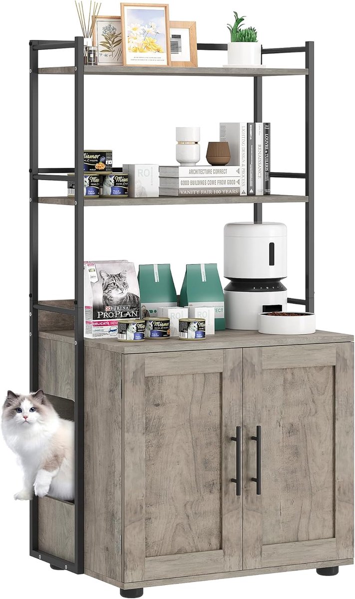 Kattenbak Meubel met Opbergrekken – Groot Litter Box Cabinet 132 cm – Met Deuren – Boekenrek & Kattenmeubel – Grijs- 64x45x123CM Kattenbak Meubel met Opbergrekken – Groot Litter Box Cabinet 132 cm – Met Deuren – Boekenrek & Kattenmeubel – Grijs- 64x45x123CM