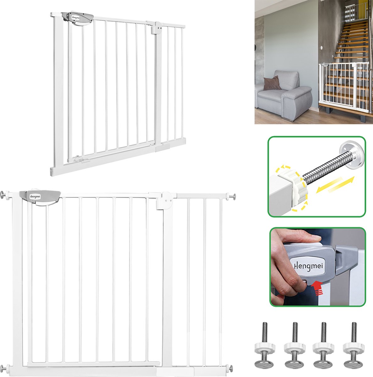 Froadp 95-105 cm de large Barrière de sécurité pour porte sans perçage Barrière de sécurité pour enfants Barrière de porte Auto-Close 180° Ouverture bidirectionnelle Barrière de sécurité pour bébés et enfants, Blanc