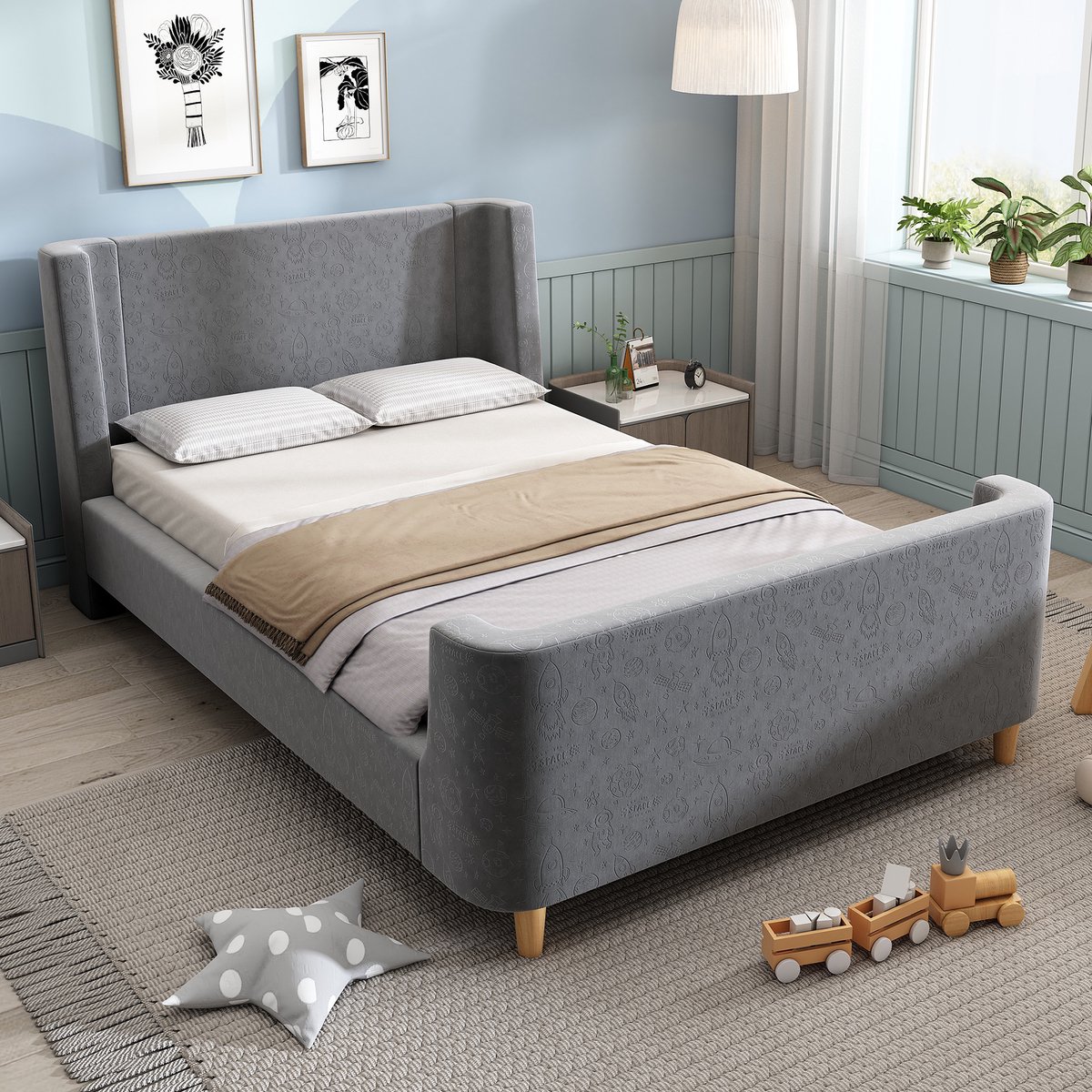 MODFU Bedframe 90x200 cm – fluweel grijs – met kosmisch patroon, slee-ontwerp en zacht hoofdbord – kinderkamer