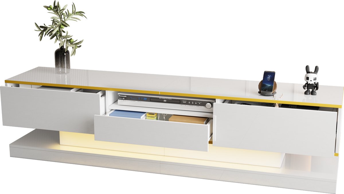 Clruro TV-meubel - 180x38x45 cm - Hoogglans en LED - 3 Laden en Open Vak - Hout - Wit Goud, Wit