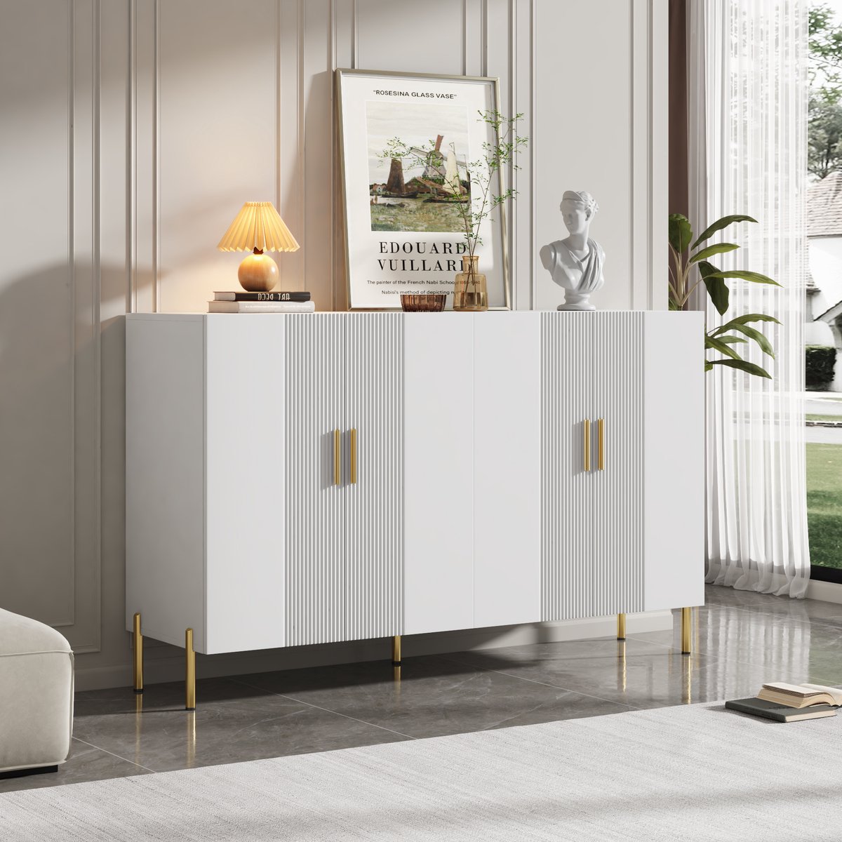 MIVRAY Dressoir - Mat Wit Met Gouden Handgrepen En Metalen Poten - 4 Deuren Met Verstelbare Planken Voor Woonkamer En Eetkamer - 160x35x100 Cm
