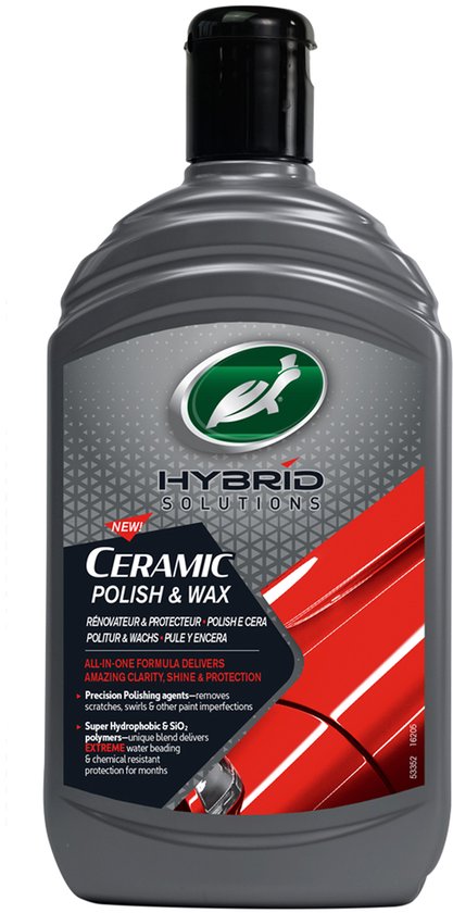 Bouteille de Turtle Wax Hybrid Solutions Ceramic Polish & Wax avec des accents rouges et des informations sur le produit.