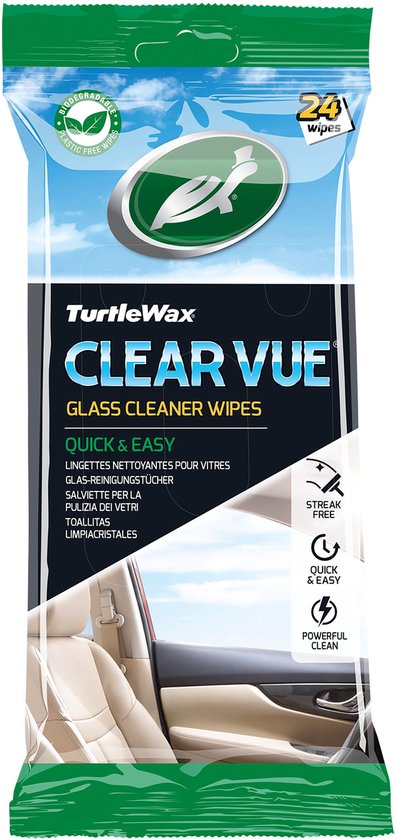 Paquet de 24 lingettes nettoyantes pour vitres Turtle Wax Clear Vue, avec texte et images.