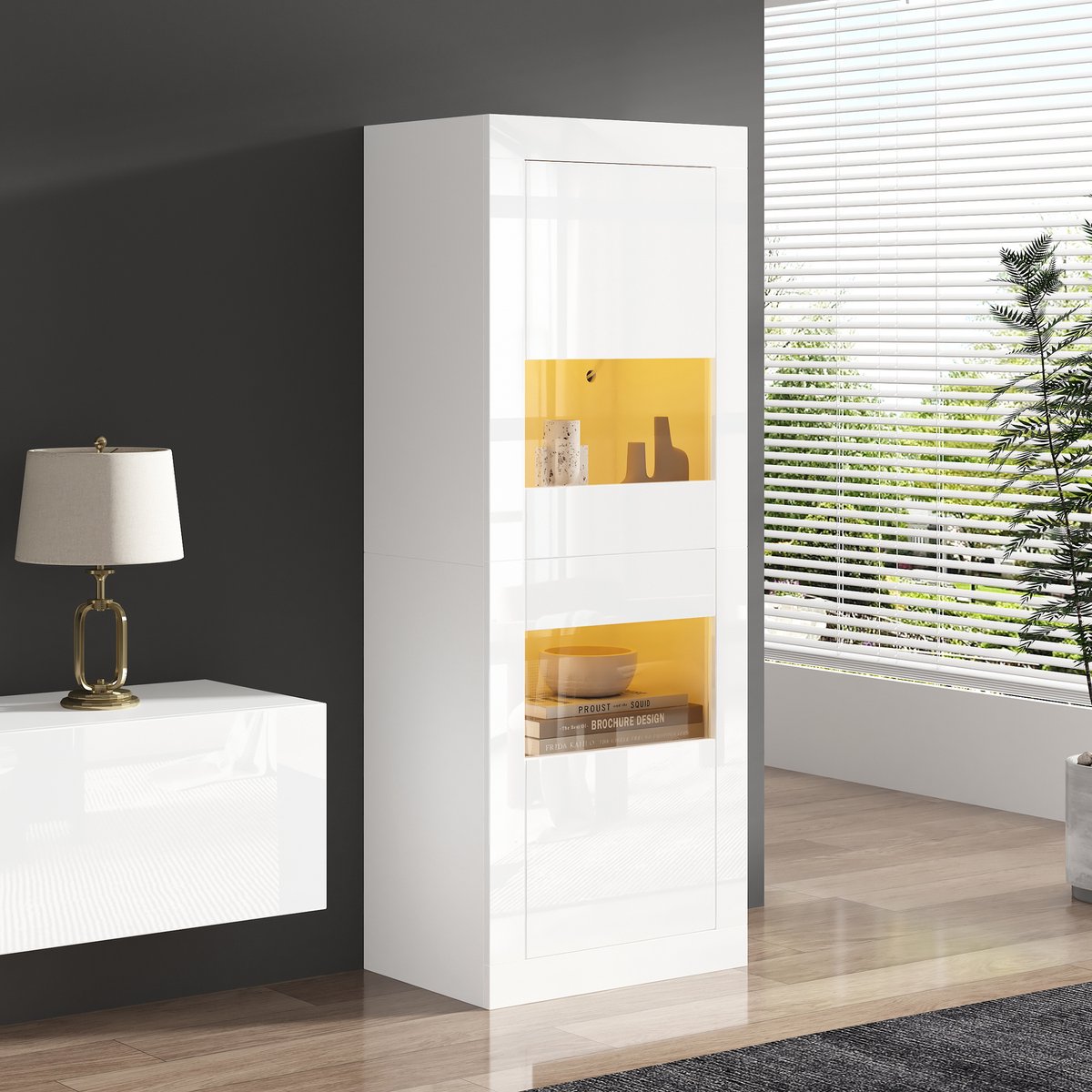 Vitrinekast - 61x42x162 cm - Hoogglans met LED - 1 Glazen Legplank - Glas - Wit