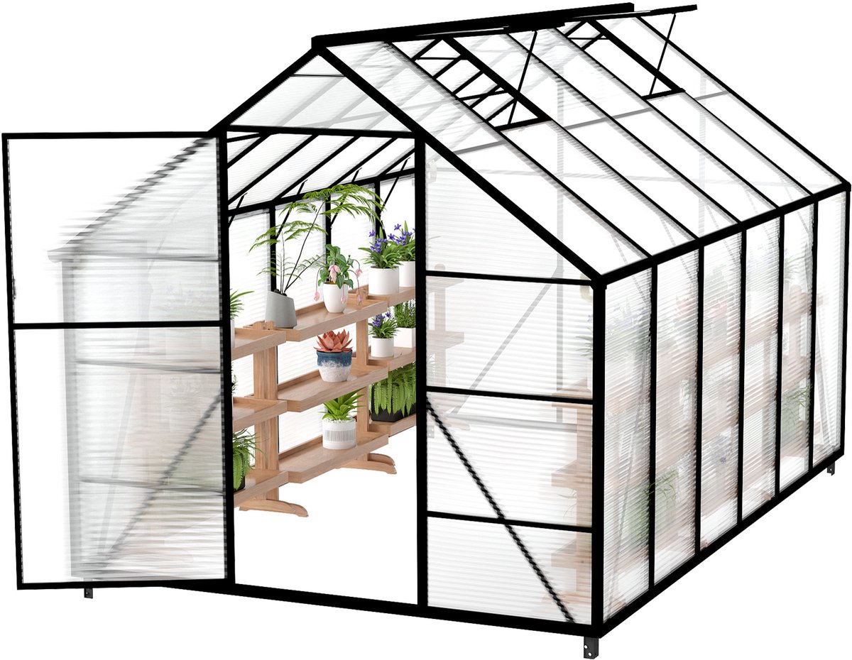 Aufun Premium Aluminium Kas 9,5 m² 380x250x205cm – 6cm Fundering & 4mm PC-plaat – UV-bestendig Weerbestendig