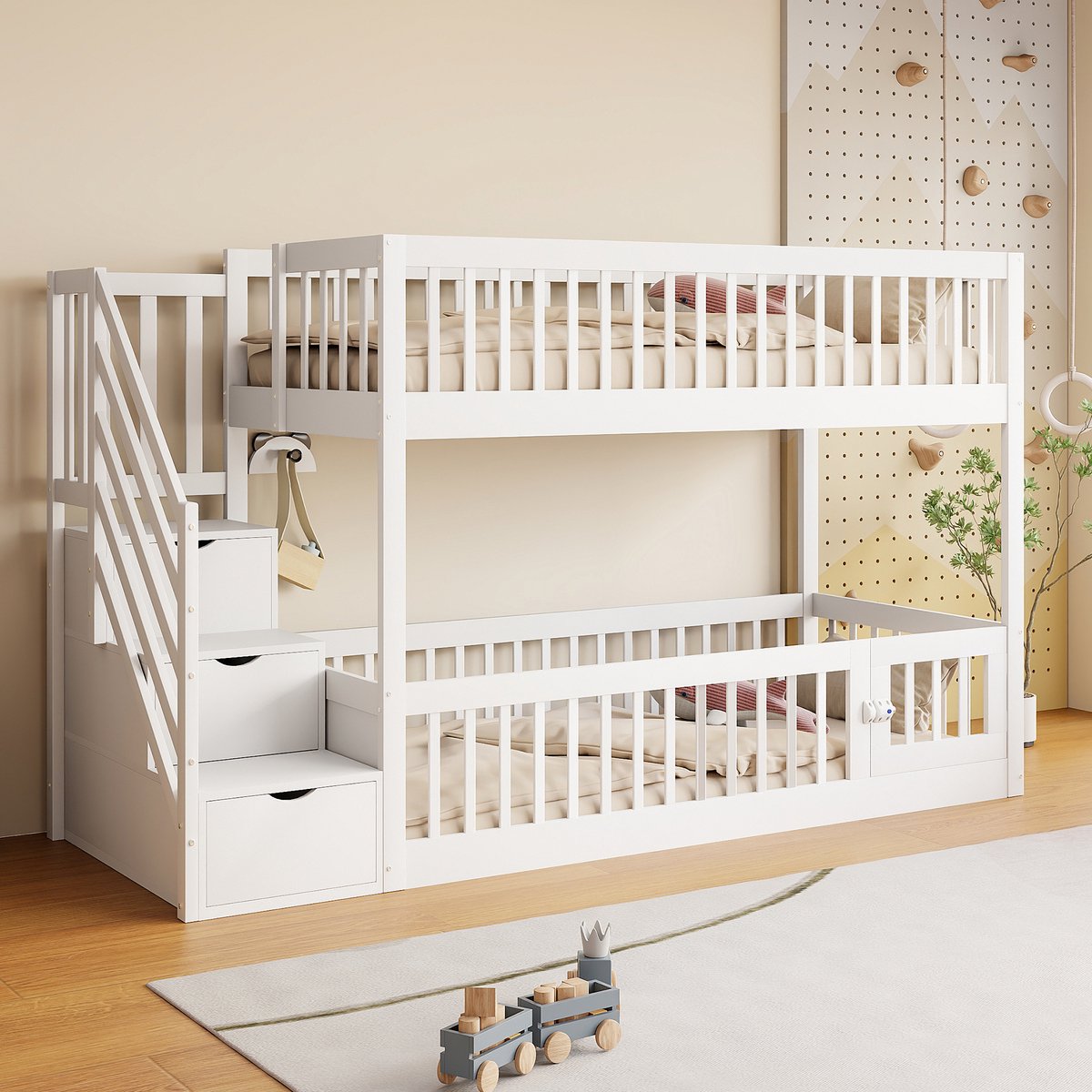 MIVRAY Stapelbed 90x200cm - Kinderbed Met Opbergtrap En Laden - Met Speeldeur Onderbed - Massief Hout - Wit - Zonder matras