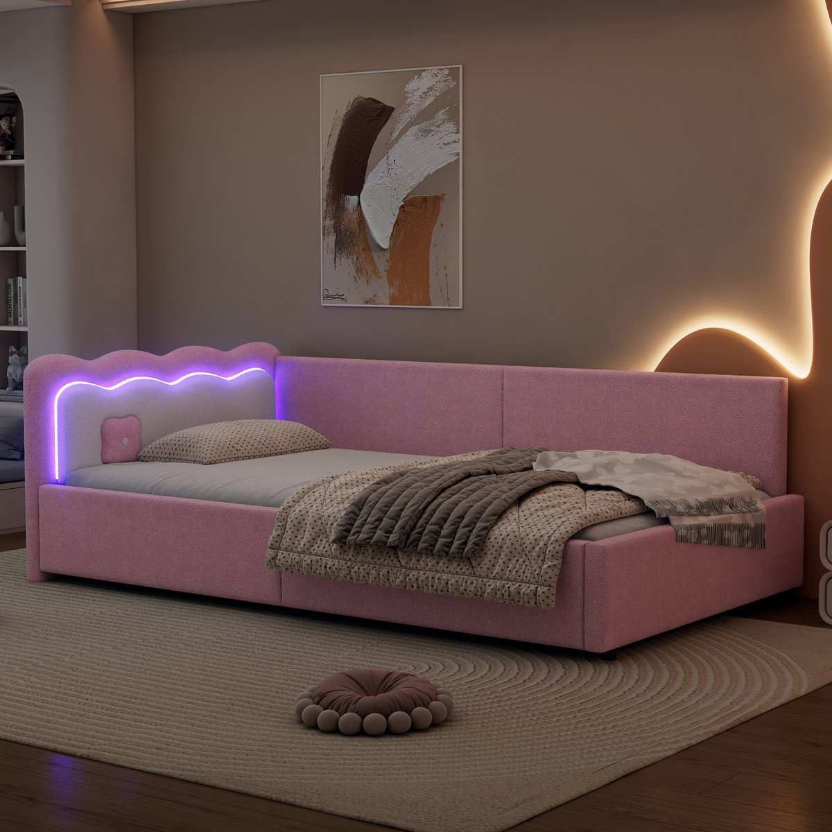 MIVRAY Daybed 90x200cm - Slaapbank Met Led Sfeerverlichting Met Afstandsbediening - Voor Slaapkamer Of Woonkamer - Fluweel - Roze - Zonder matras
