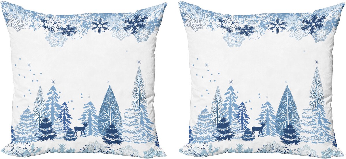 ABAKUHAUS Decoratieve kussenhoezen voor de winter, set van 2, Herten en dennenbomen Kerstmis, 60x60 cm, Blauw en wit