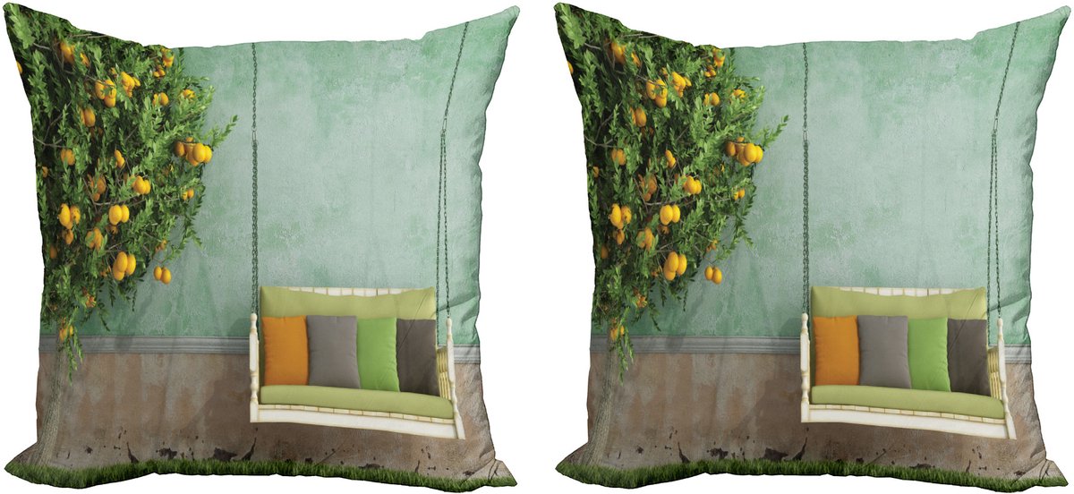 ABAKUHAUS Vintage Decoratieve Kussenhoezen 2-pack, Houten Schommel in de Tuin, 50x50 cm, Geelgroen