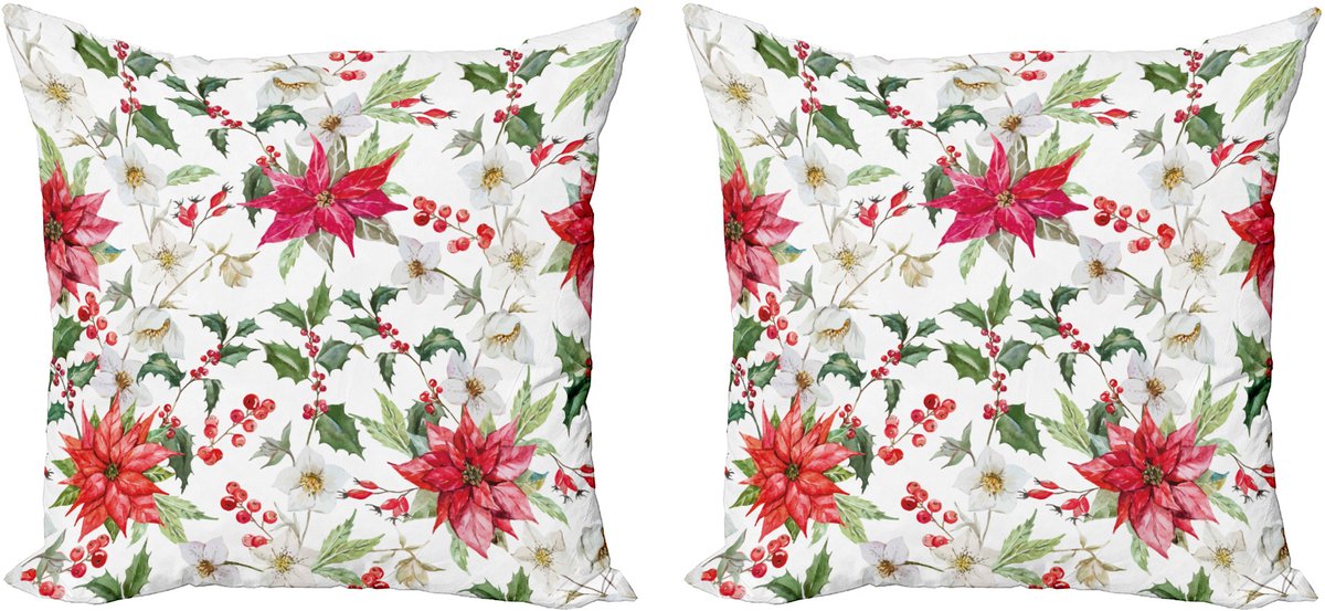 ABAKUHAUS Decoratieve kussenhoezen met bloemenprint, 2 stuks, kerstbloemknopp 50x50 cm, gro wit, roze
