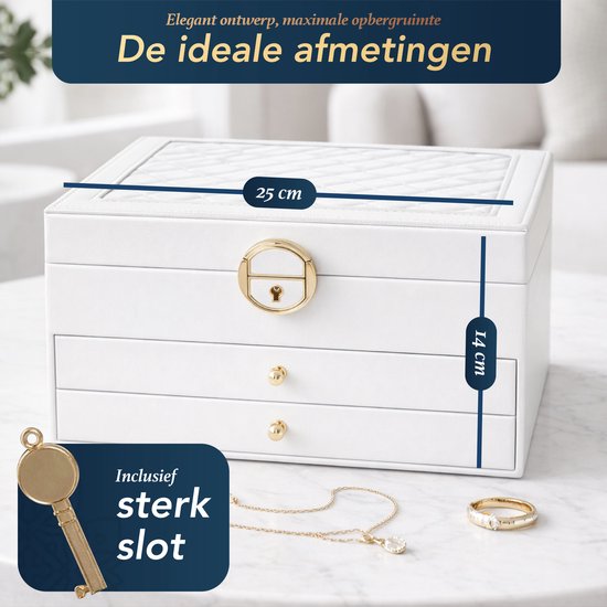 D’Lor Luxe Sieradendoos – Witte sieradenopbergdoos met slot, vakjes en lades – Elegante juwelendoos voor dames