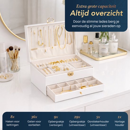 D’Lor Luxe Sieradendoos – Witte sieradenopbergdoos met slot, vakjes en lades – Elegante juwelendoos voor dames