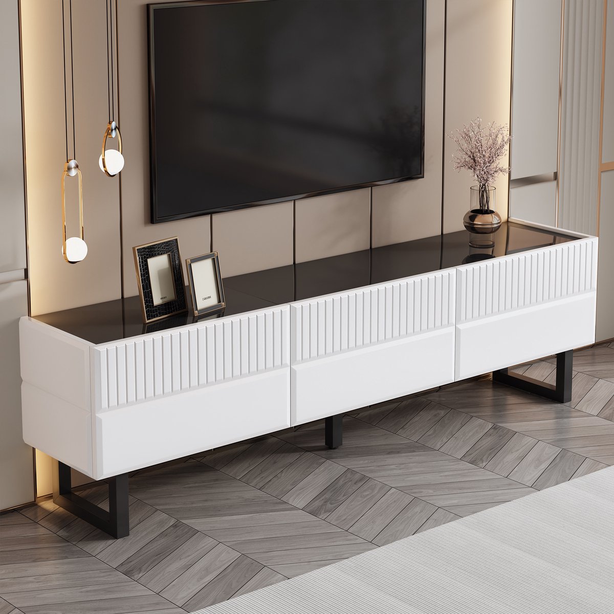 FloraGrace Tv Meubel - Met 3 Lades En Hoogglans Bovenblad - Voor Woonkamer En Mediahoek - Mdf Spaanplaat - Zwart Wit - 170x35x47 Cm