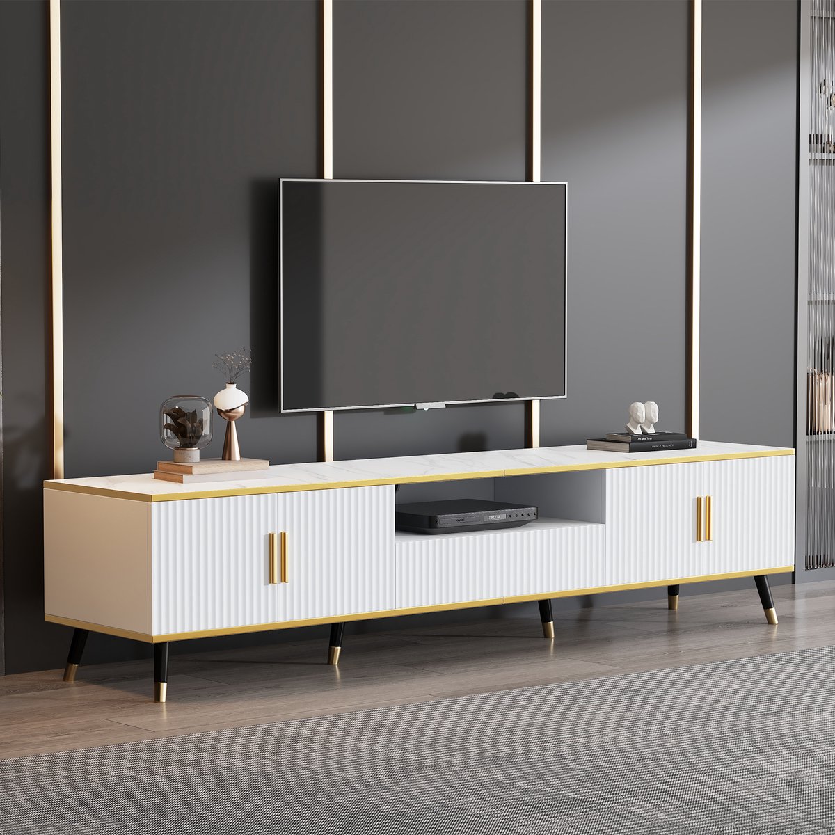 FloraGrace Tv-Meubel - Marmereffect Met 2 Deuren En 1 Lade - Voor Woonkamer En Thuisbioscoop - Spaanplaat - 200x40x46 Cm - Wit
