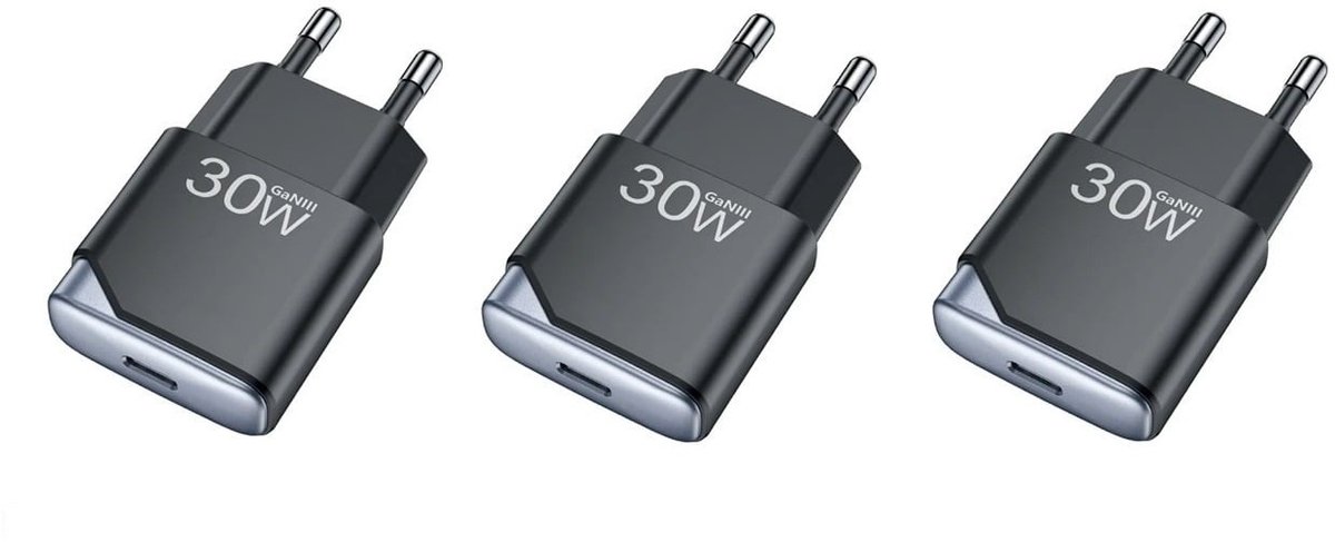 3 stuks OneOne 30W snellader met USB C poort. PD PPS Quick Charge lader. Platte GAN oplader adapter past op JBL LIVE 300TWS, Pulse 4, Quantum 400, Quantum 600, Quantum 800, Quantum ONE, Reflect Mini NC