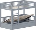 Grijs stapelbed met open opbergruimte, matrassteunen zichtbaar.