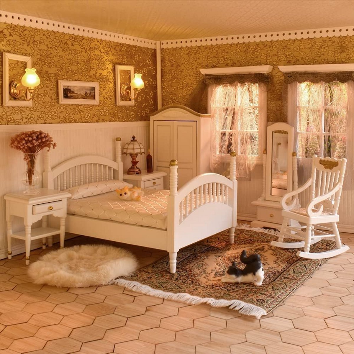 Victoriaanse Poppenhuis Slaapkamer Meubelset 1:12 Schaal Houten Set Wit en Goud