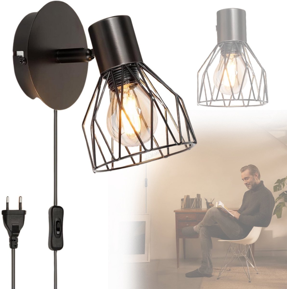 NBAP® Wandlamp Binnen met Snoer - Wandlamp met Stekker voor Binnen - met Dimbare Schakelaar - Industrieel en Vintage - Slaapkamer Bedlampje - Zwart