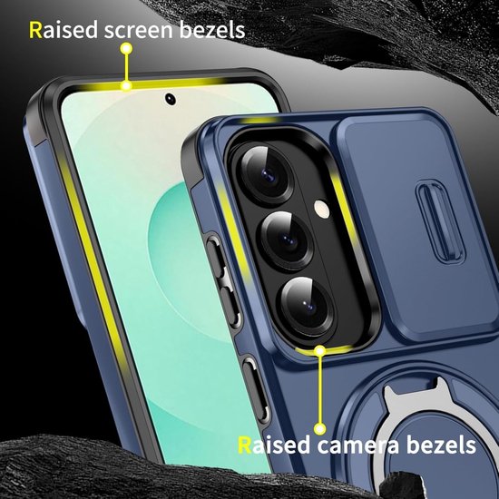 Donkerblauw telefoonhoesje met verhoogde randen bij het scherm en de camera's. Met ringstandaard.