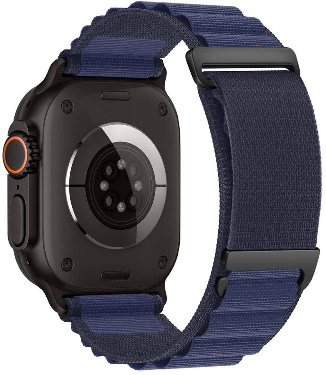 Nylon bandje - geschikt voor Apple Watch series 1/2/3/4/5/6/7/8/9/10/11/ SE (1,2,3) / Ultra (1,2,3) met maat 44 mm / 45 mm / 46 mm / 49 mm - loop bandje met dubbele gesp - donkerblauw