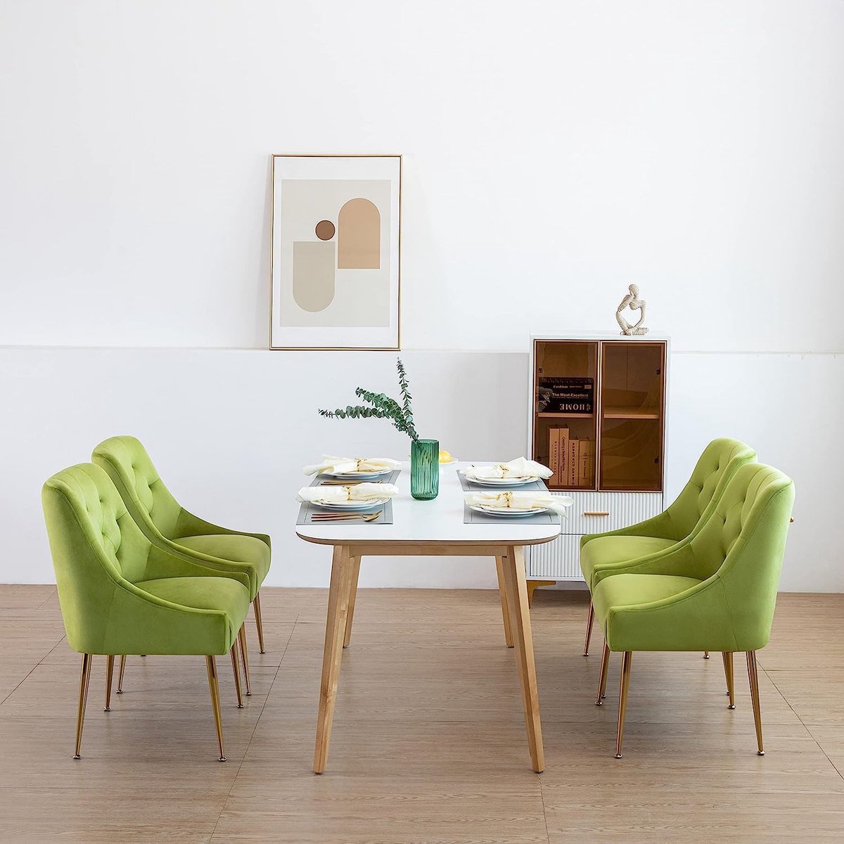 Eetkamerstoelen Set van 4 – Fluweel Moderne Keukenstoelen met Metalen Poot 54x54x52 cm – Comfortabele Design Stoelen voor Keuken, Eetkamer, Woonkamer en Slaapkamer – Geelgroen – Abkantoor