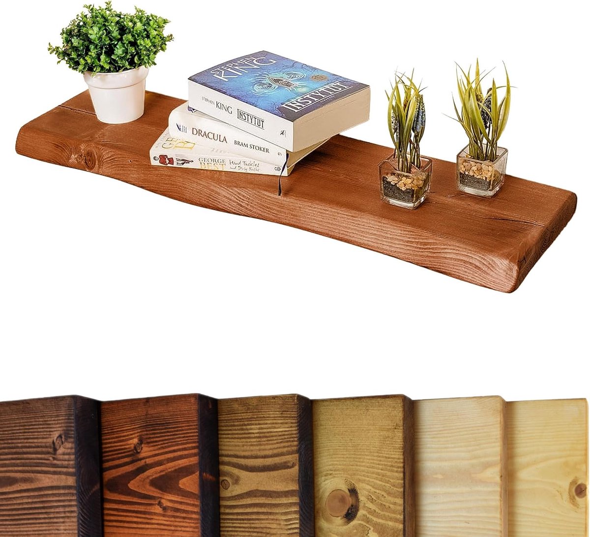 Waney Live Edge Zwevende Plank Massief Grenen Donker Eiken Afwerking 80cm