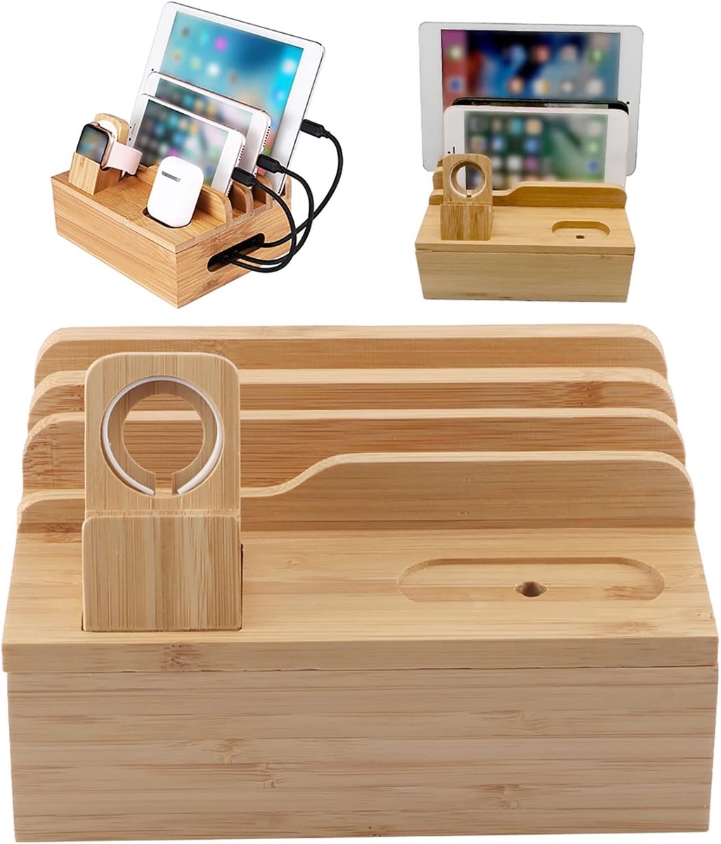 Houten Laadstation Organizer voor Telefoon en Horloge - Desktop Oplaaddock Houder