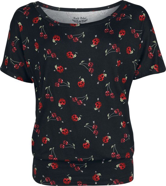 Zwart T-shirt met korte mouwen en print van rode kersen met schedels.