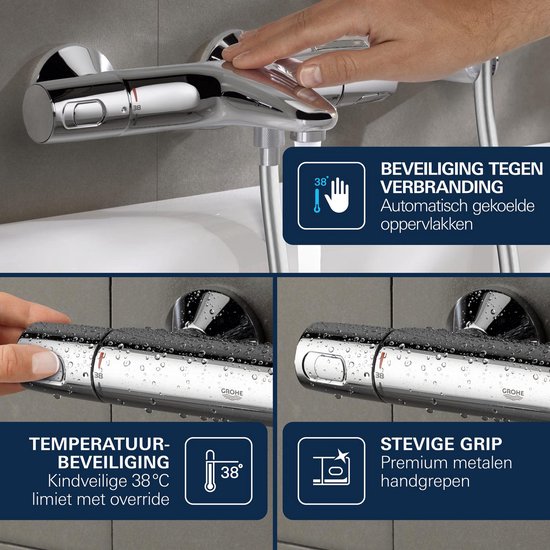 Detailfoto's van een chroom thermostaatkraan: hand op kraan, close-up van knop voor temperatuurinstelling en handgrepen met griptextuur.