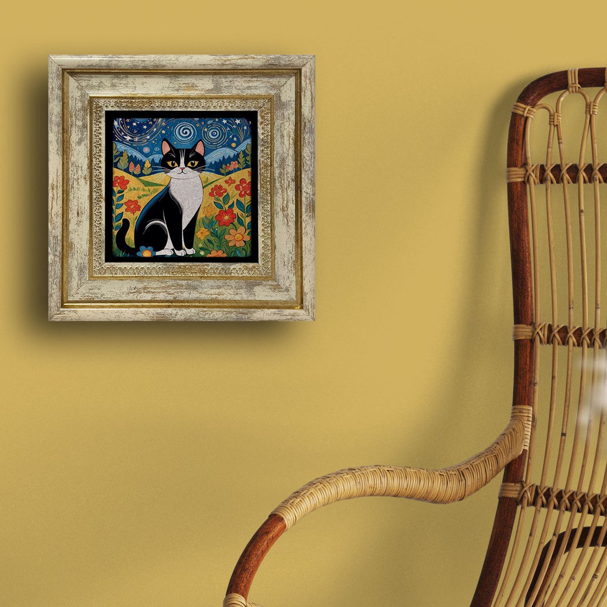 Artlijn Dromerige Kat met Bloemen en Nachtlucht – Natuursteen Art Print – Travertin Steen Wanddecoratie