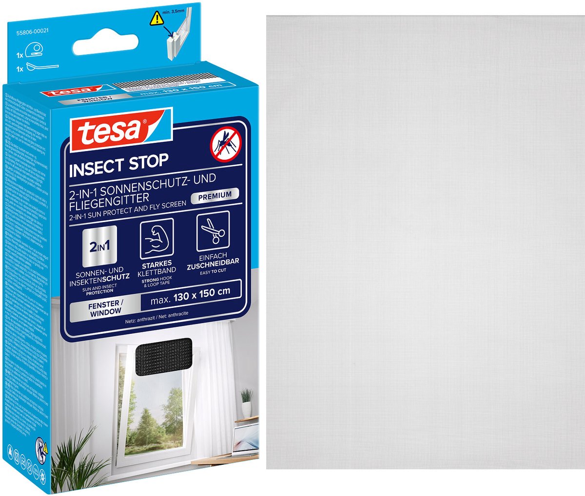Tesa INSECT STOP 2-in-1 Sun Protect and Fly Screen Premium for Windows - hor met zonbescherming, zonder boren, antraciet-metallic - 130 x 150 cm zwart