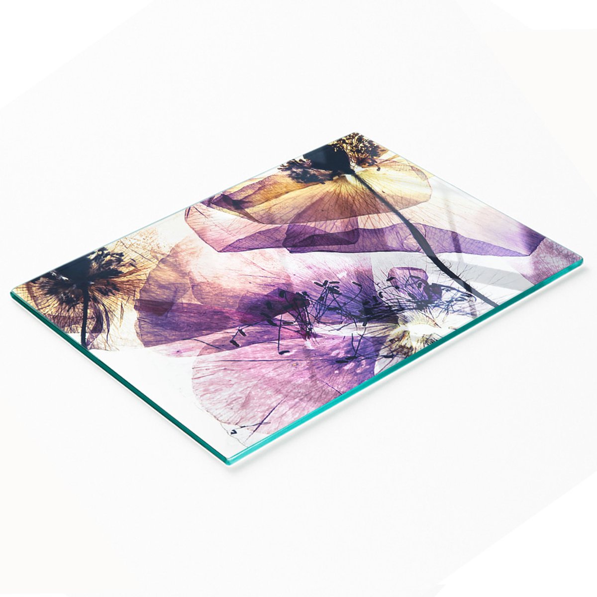 Decoratieve glazen snijplank met gedroogde klaprooszaadjes 80x52 cm