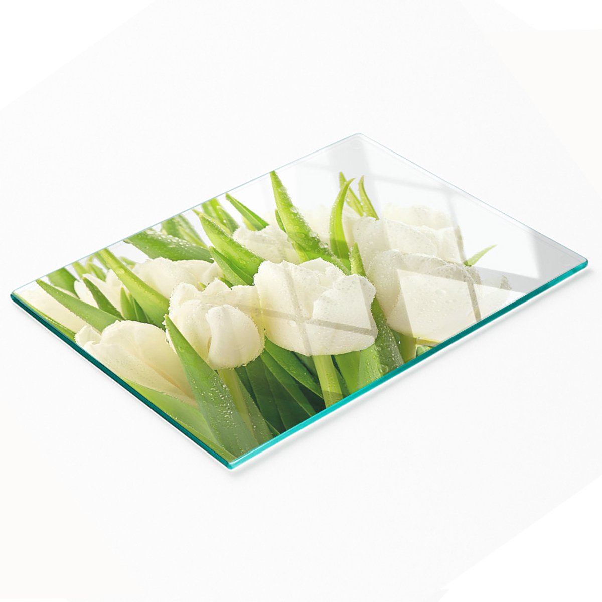 Decoratieve glazen snijplank voor in de keuken, witte tulpen, 80x52 cm