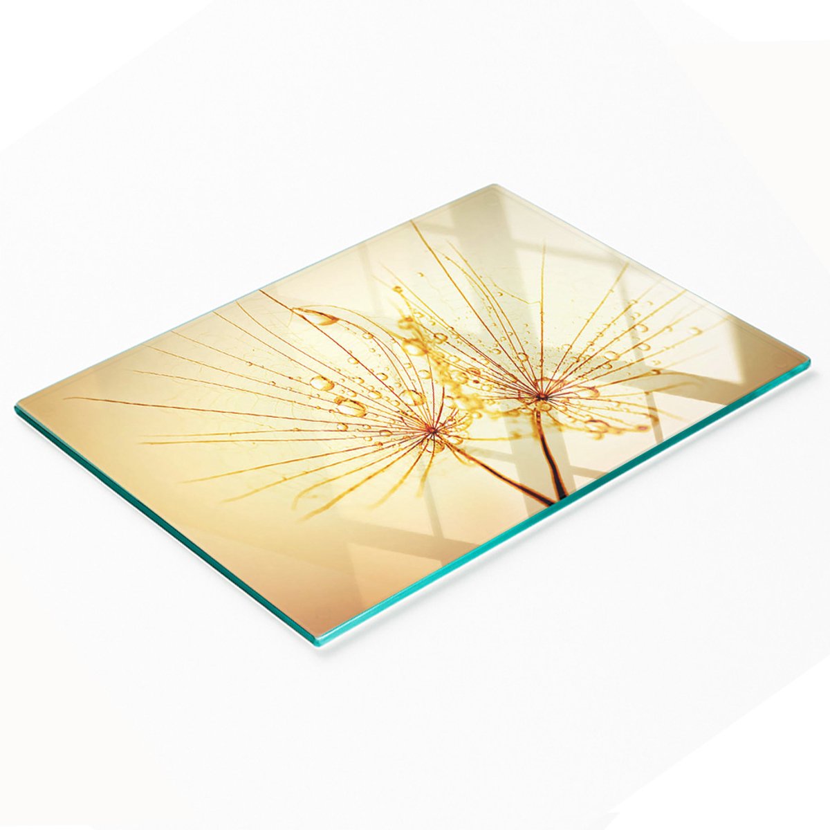 Decoratieve snijplank van gehard glas met paardenbloemmotief, 80x52 cm